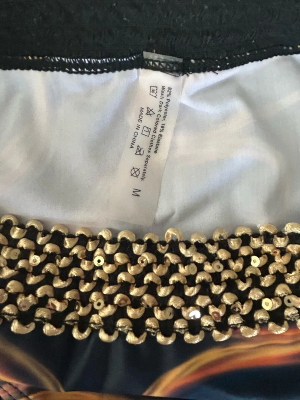 NWOT 2Pc Swimsuit Bikini Navy Orange Swirl Textured Gold Sequin Trim Size M - Picture 10 of 12